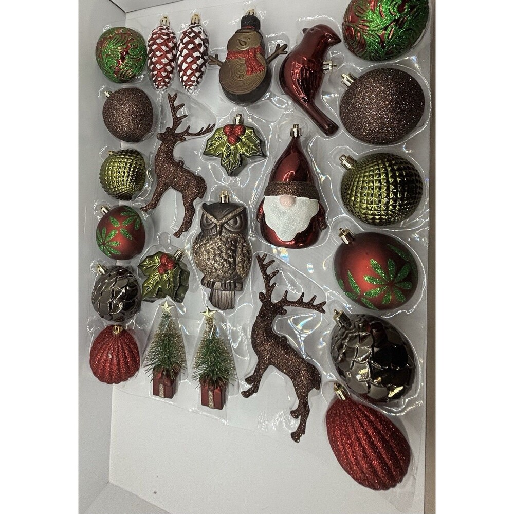 24pc Woodland Christmas Ornament Set Shatterproof Burgundy Bronze Deer Owl Gnome